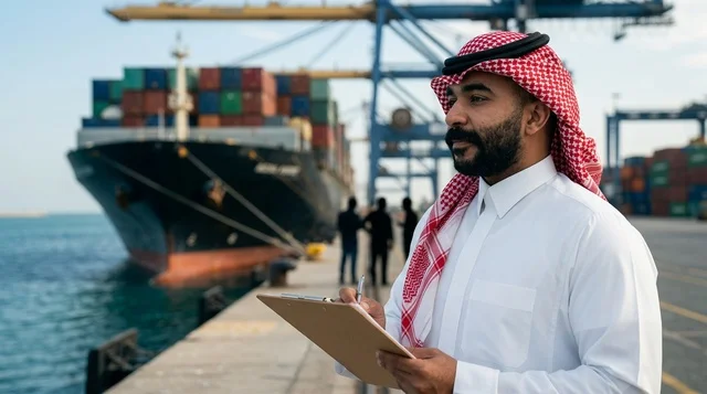 Saudi Port Officer with Clipboard at Container Harbor