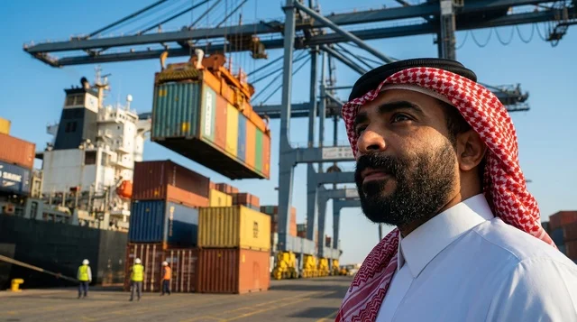 Saudi Businessman at Busy Cargo Shipping Port Harbor Saudi Businessman at Busy Cargo Shipping Port Harbor