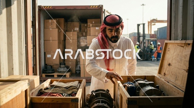 Saudi Man Inspecting Cargo Containers at Shipping Port