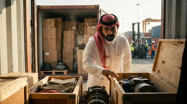 Saudi Man Inspecting Cargo Containers at Shipping Port