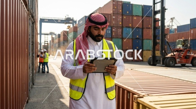 Saudi Logistics Worker with Tablet at Shipping Port