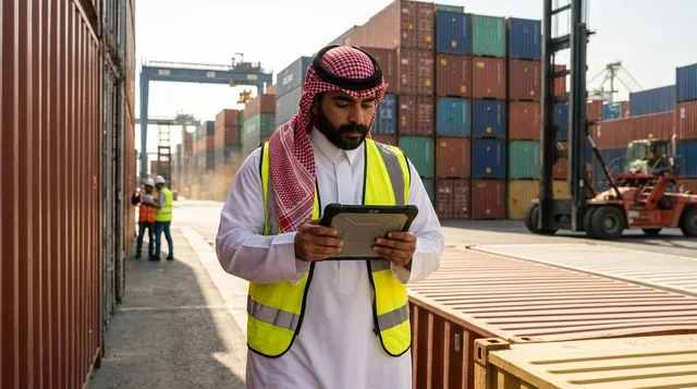 Saudi Logistics Worker with Tablet at Shipping Port