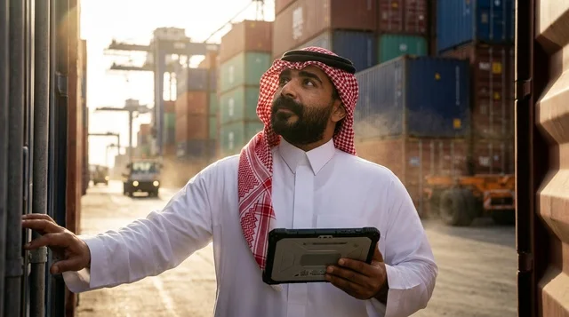 Arab Port Officer Inspecting Shipping Containers
