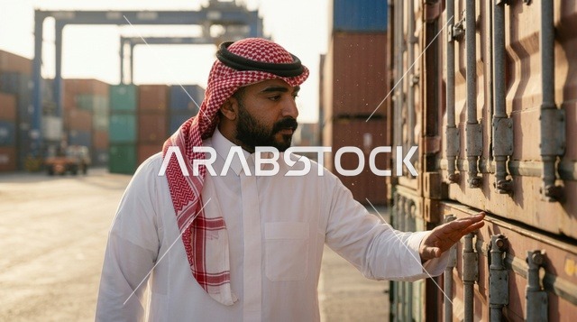 رجل أعمال سعودي يتفحص حاويات الشحن في الميناء البحري