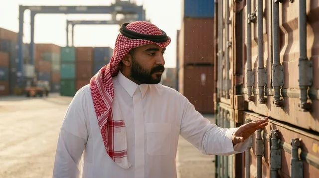 Saudi Businessman Inspecting Cargo Containers at Port