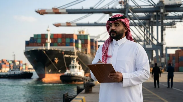 Saudi Man Holding Clipboard at Cargo Shipping Port