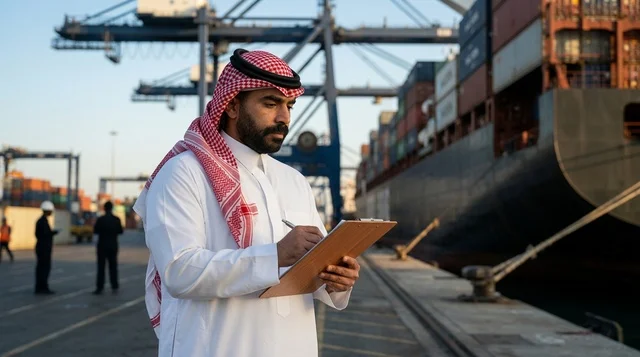 Saudi Logistics Officer writing at Cargo Container Port