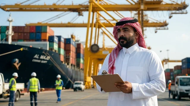 مدير ميناء سعودي يحمل لوحة كتابة في محطة شحن الحاويات