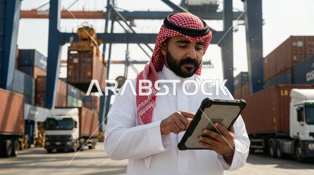 رجل أعمال عربي بالزي التقليدي في ميناء الشحن