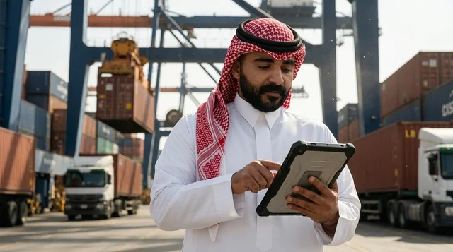 Arab Businessman with Tablet at Shipping Port