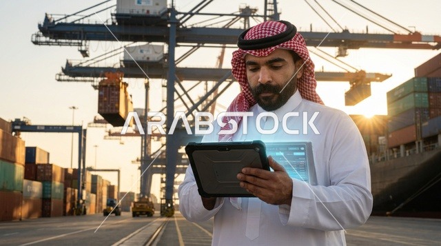 Saudi Businessman Using Tablet at Cargo Shipping Port
