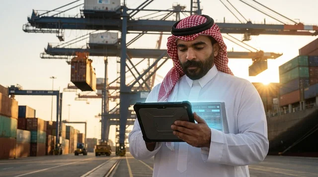 Saudi Businessman Using Tablet at Cargo Shipping Port