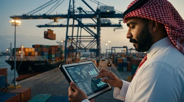 Saudi Businessman Monitoring Port Logistics on Tablet