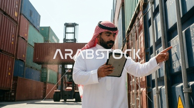 Arab Logistics Manager with Tablet at Shipping Port