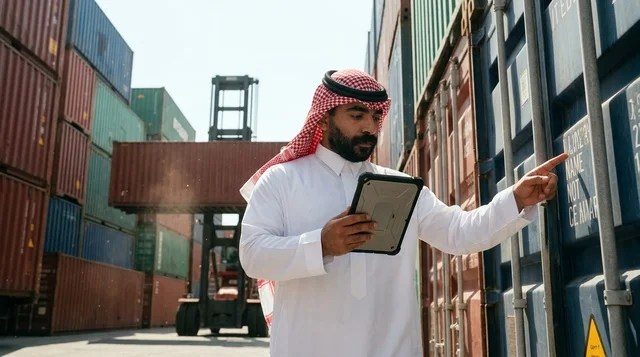 Arab Logistics Manager with Tablet at Shipping Port