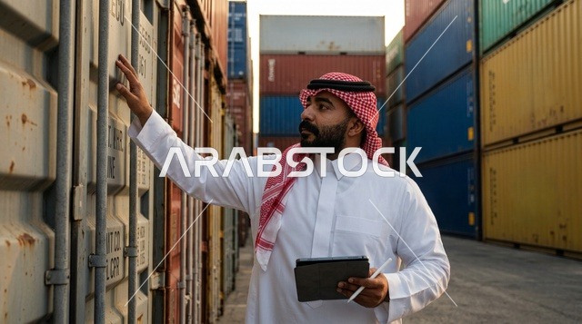 Saudi Man Inspecting Cargo Containers at Shipping Port