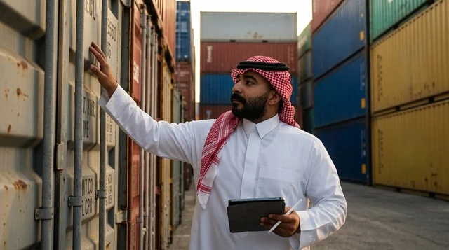 Saudi Man Inspecting Cargo Containers at Shipping Port