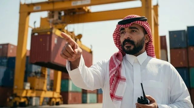A Saudi logistics employee reviews container documents at the shipping port.