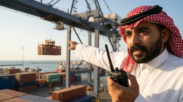 Saudi Port Worker with Walkie Talkie at Cargo Harbor
