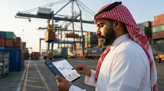 A Saudi logistics employee reviews container documents at the shipping port.