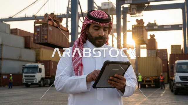 Saudi Port Inspector Using Tablet at Shipping Terminal