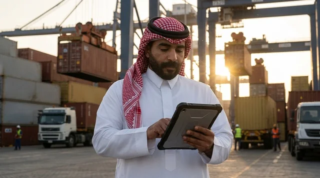 Saudi Port Inspector Using Tablet at Shipping Terminal