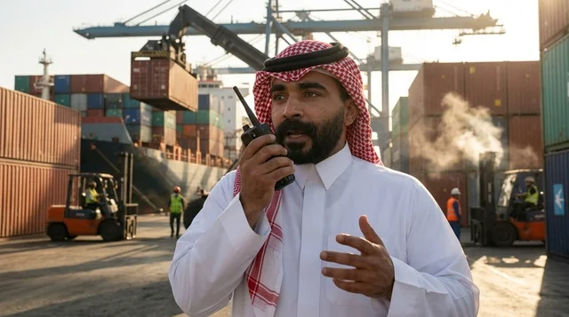 A Saudi logistics employee reviews container documents at the shipping port.