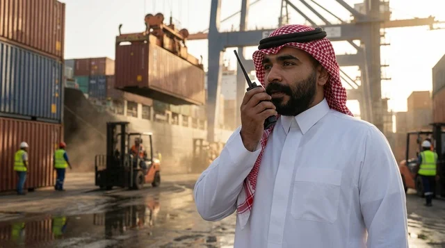موظف لوجستيات سعودي يراجع وثائق الحاويات في ميناء الشحن