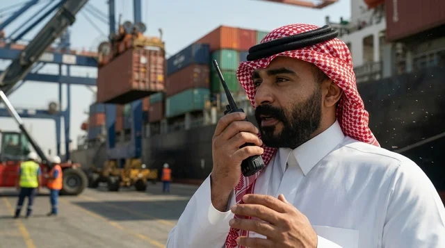 A Saudi logistics employee reviews container documents at the shipping port.
