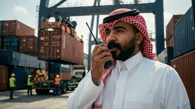 A Saudi logistics employee reviews container documents at the shipping port.