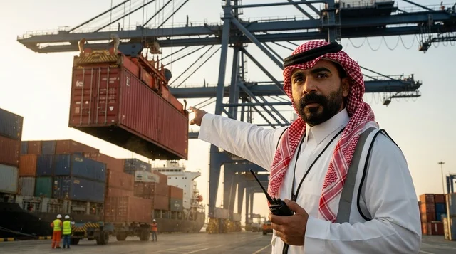 A Saudi logistics employee reviews container documents at the shipping port.