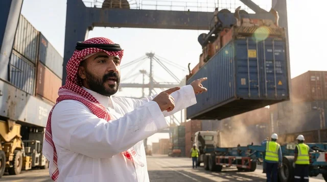 A Saudi logistics employee reviews container documents at the shipping port.