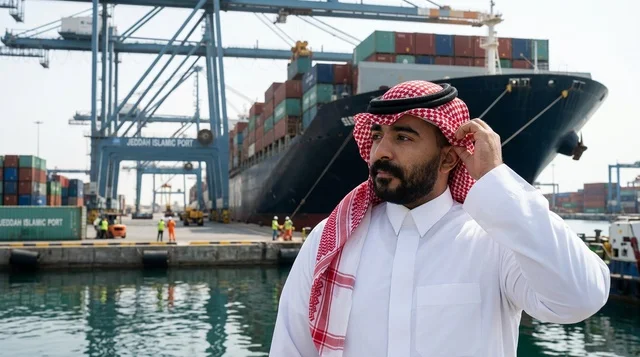 Saudi Man at Jeddah Islamic Port with Container Ship