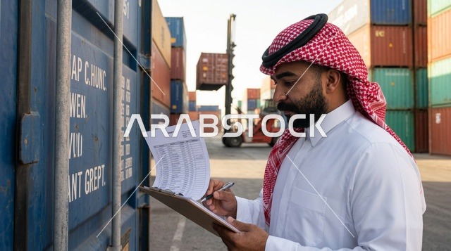 Saudi Logistics Worker Inspecting Cargo at Shipping Port