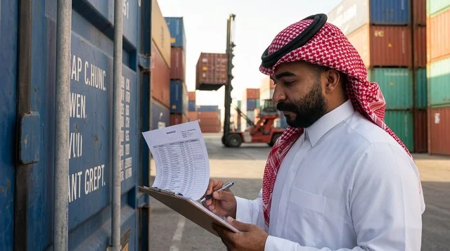 Saudi Logistics Worker Inspecting Cargo at Shipping Port