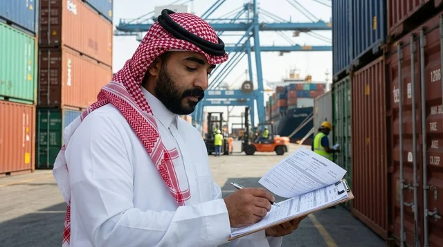 A Saudi logistics employee reviews container documents at the shipping port.