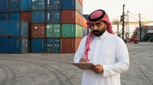 موظف لوجستيات سعودي يراجع وثائق الحاويات في ميناء الشحن