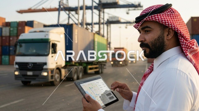 Saudi Logistics Manager with Tablet at Shipping Port