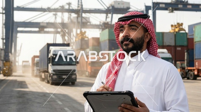 مدير لوجستيات سعودي يمسك بجهاز لوحي في ميناء شحن تجاري