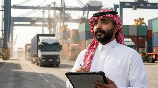 Saudi Logistics Manager at Commercial Port with Tablet