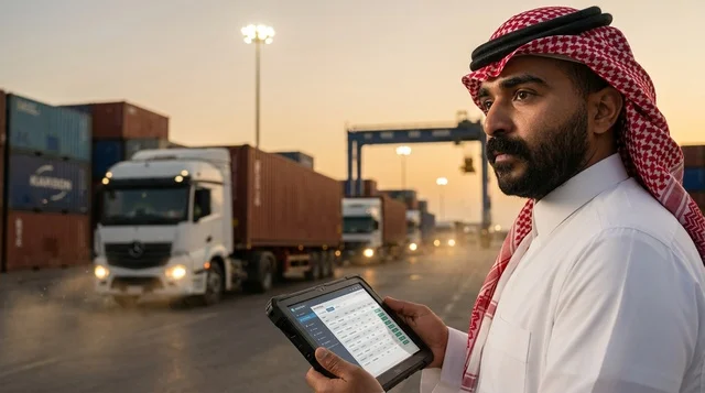 Saudi Businessman Managing Logistics at Shipping Port