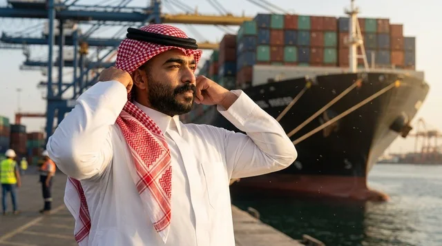 Saudi Businessman at Cargo Shipping Port with Container Ships