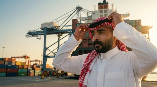 Saudi Man at Commercial Shipping Port during Sunset