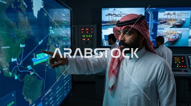 رجل سعودي في غرفة التحكم بميناء الشحن اللوجستي