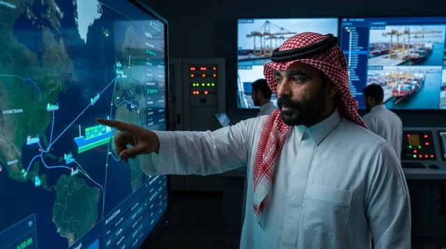Saudi Man in Shipping Control Room with Digital Maps