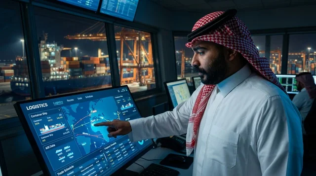 Saudi Logistics Officer in Port Control Room at Night