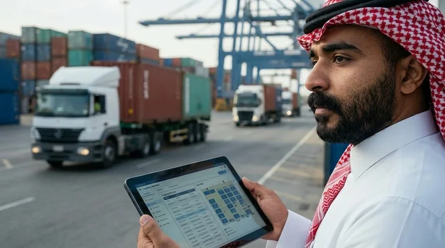 Saudi Businessman Managing Port Logistics on Tablet