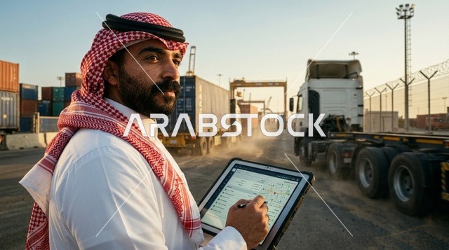 Arab Logistics Manager with Tablet at Saudi Shipping Port