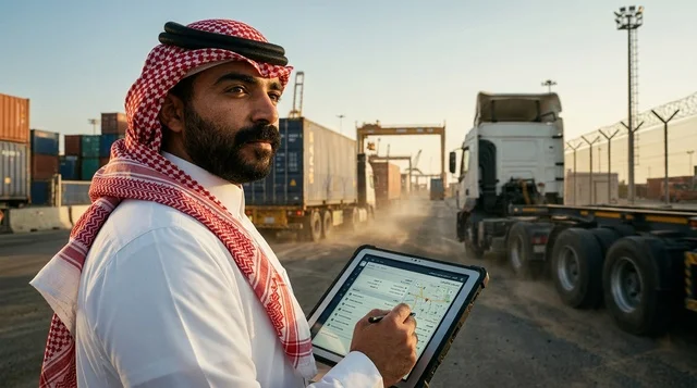 Arab Logistics Manager with Tablet at Saudi Shipping Port