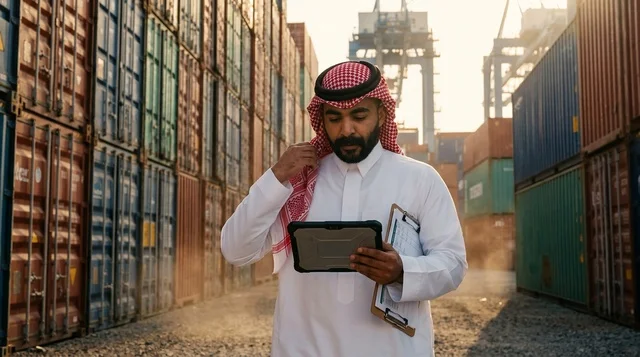 Saudi Arab Port Officer with Tablet in Cargo Yard